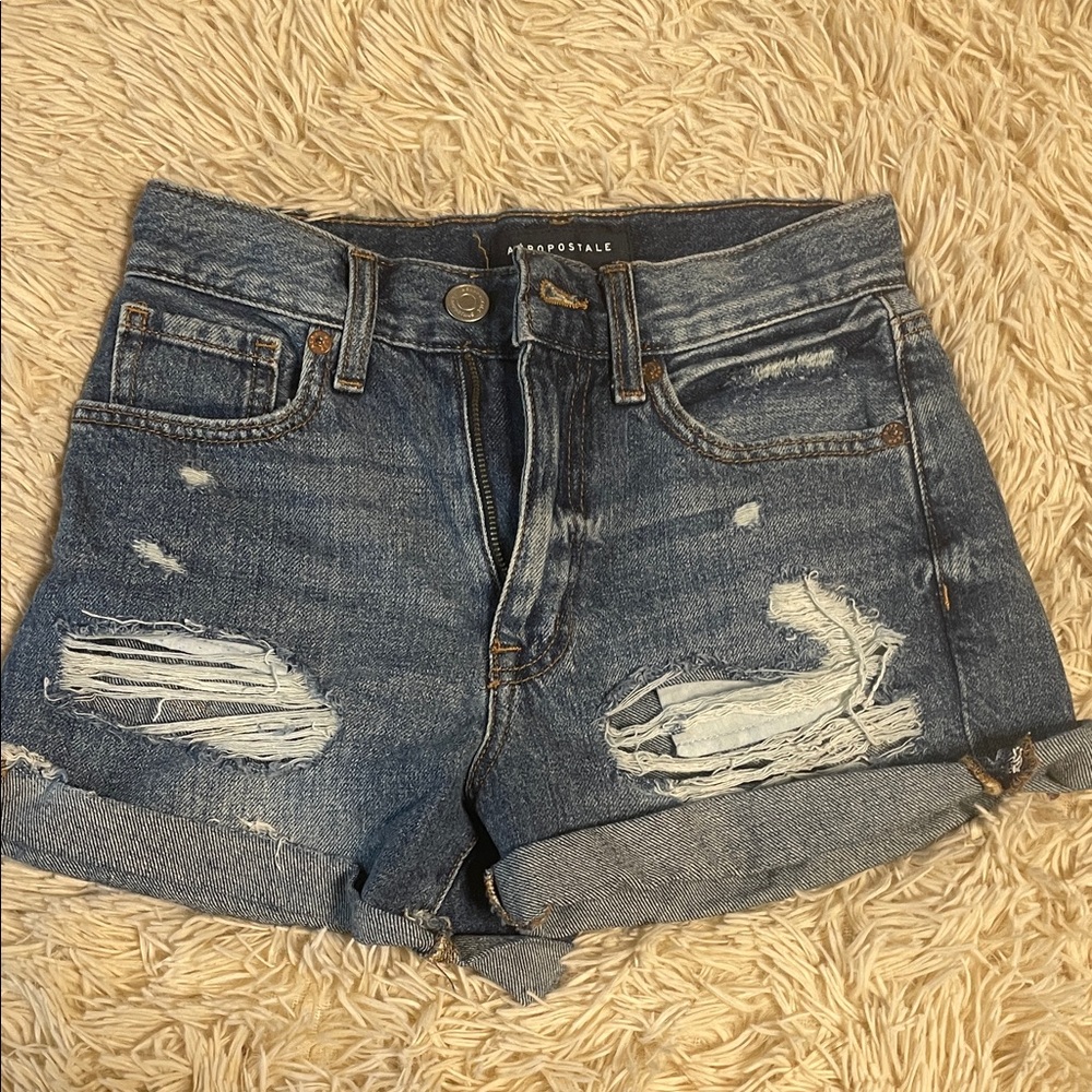 Aeropostale Women's Ripped Jean Shorts - Blue